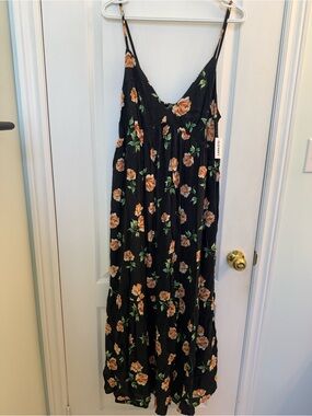 Dark blue Floral Tiered Maxi Dress with Thin adjustable Straps